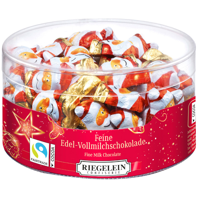 Riegelein Fairtrade Weihnachtswichtel 80 x 5 g zarte Vollmilchschokolade mit festlichen Motiven in Großpackung